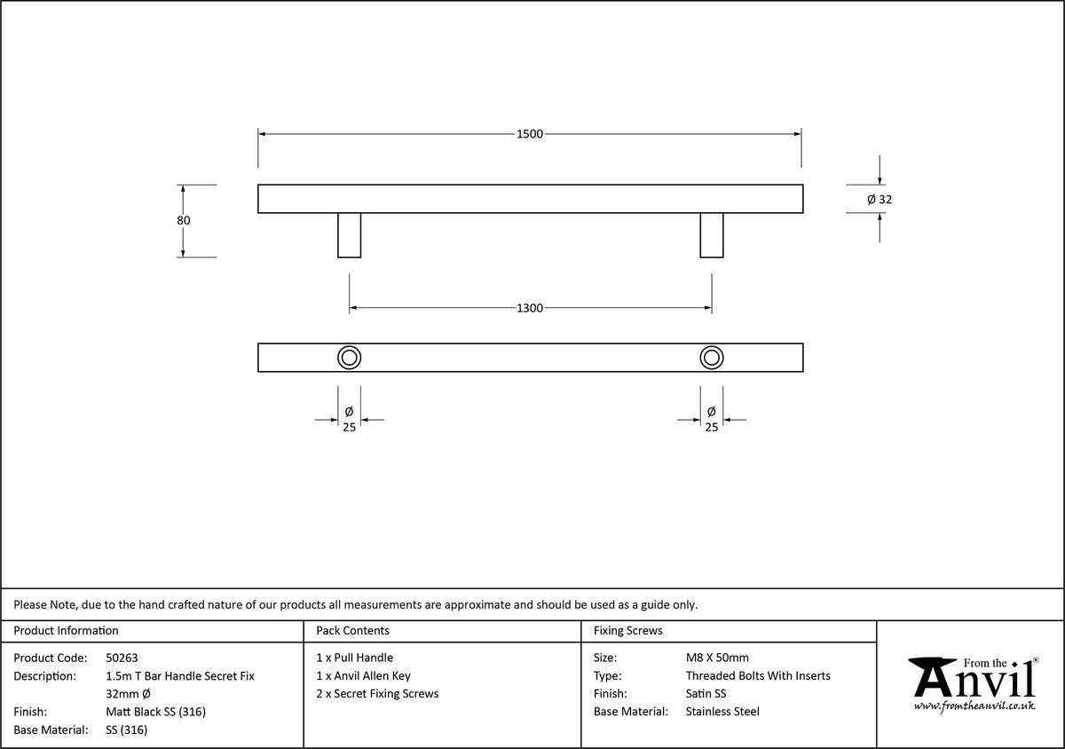T-BAR HANDLE SECRET FIX 1300HC 32x1500x80 MBK - 50263 by MARCHES (ANVIL) ARCHITECTURAL HARDWARE