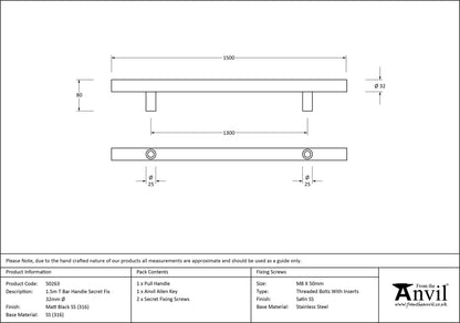 T-BAR HANDLE SECRET FIX 1300HC 32x1500x80 MBK - 50263 by MARCHES (ANVIL) ARCHITECTURAL HARDWARE