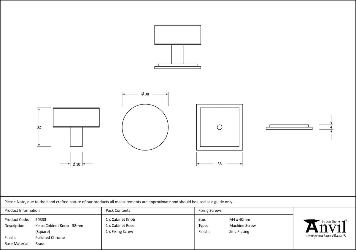 KELSO CABINET KNOB SQU D38 PCP - 50333 by MARCHES (ANVIL) ARCHITECTURAL HARDWARE