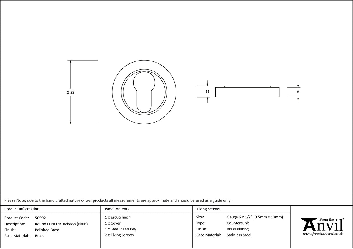 ESCUTCHEON ROUND EURO CNC PLAIN 53x8 PBR - 50592 by MARCHES (ANVIL) ARCHITECTURAL HARDWARE