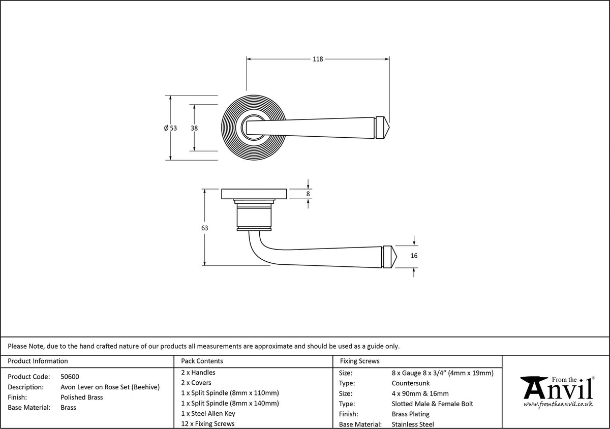 AVON LEVER HANDLE+ROSE SPRUNG BEEHIVE 53x118x63 PBR - 50600 by MARCHES (ANVIL) ARCHITECTURAL HARDWARE