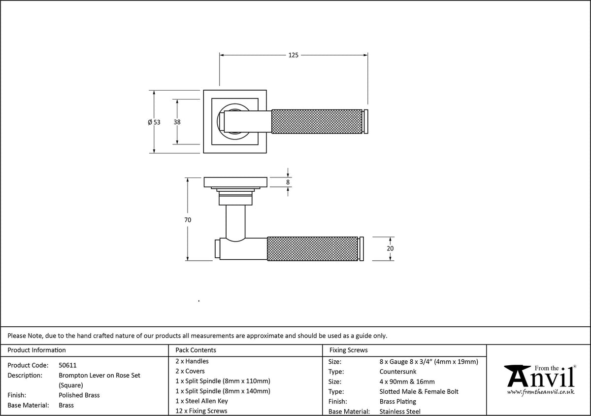 BROMPTON LEVER HANDLE+ROSE SPRUNG SQUARE 53x125x70 PBR - 50611 by MARCHES (ANVIL) ARCHITECTURAL HARDWARE