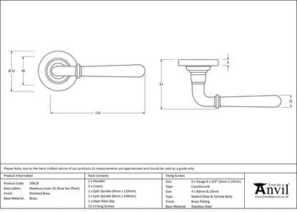 NEWBURY LEVER HANDLE+ROSE SPRUNG PLAIN 53x126x64 PBR - 50618 by MARCHES (ANVIL) ARCHITECTURAL HARDWARE