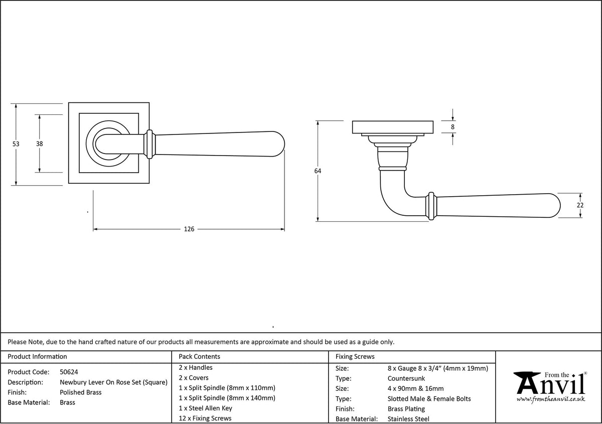 NEWBURY LEVER HANDLE+ROSE SPRUNG SQUARE 53x126x64 PBR - 50624 by MARCHES (ANVIL) ARCHITECTURAL HARDWARE