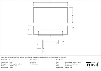 PLAIN EDGE PULL 070HC 100x45x25 PBR - 50675 by MARCHES (ANVIL) ARCHITECTURAL HARDWARE