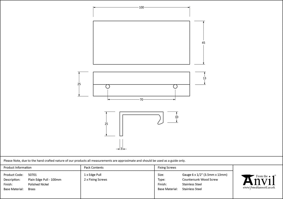 PLAIN EDGE PULL 070HC 100x45x25 PNP - 50701 by MARCHES (ANVIL) ARCHITECTURAL HARDWARE