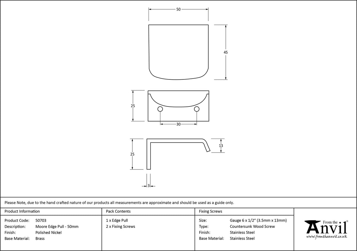 MOORE EDGE PULL 030HC 050x45x25 PNP - 50703 by MARCHES (ANVIL) ARCHITECTURAL HARDWARE