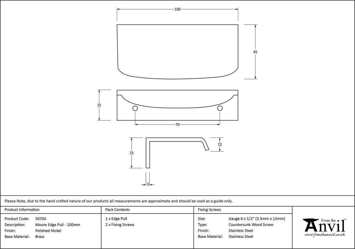 MOORE EDGE PULL 070HC 100x45x25 PNP - 50704 by MARCHES (ANVIL) ARCHITECTURAL HARDWARE