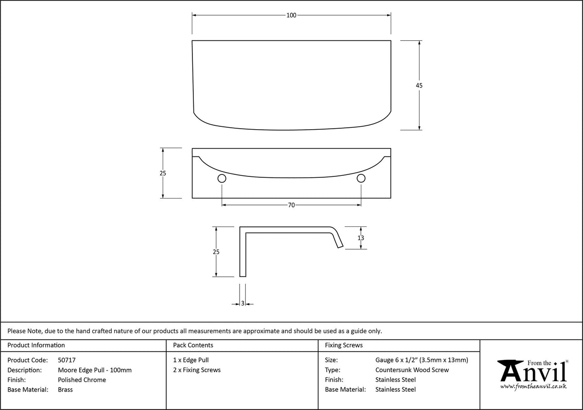 MOORE EDGE PULL 070HC 100x45x25 PCP - 50717 by MARCHES (ANVIL) ARCHITECTURAL HARDWARE
