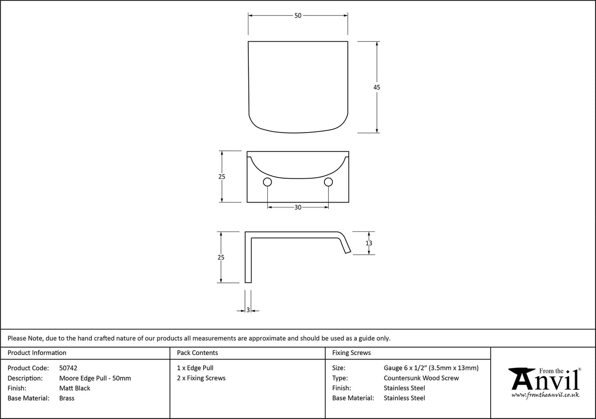 MOORE EDGE PULL 030HC 050x45x25 MBK - 50742 by MARCHES (ANVIL) ARCHITECTURAL HARDWARE