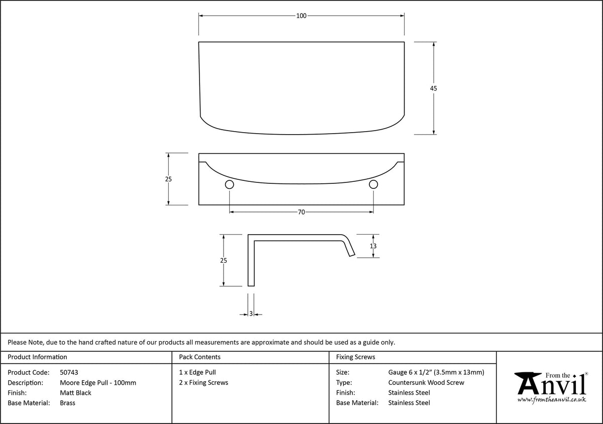 MOORE EDGE PULL 070HC 100x45x25 MBK - 50743 by MARCHES (ANVIL) ARCHITECTURAL HARDWARE