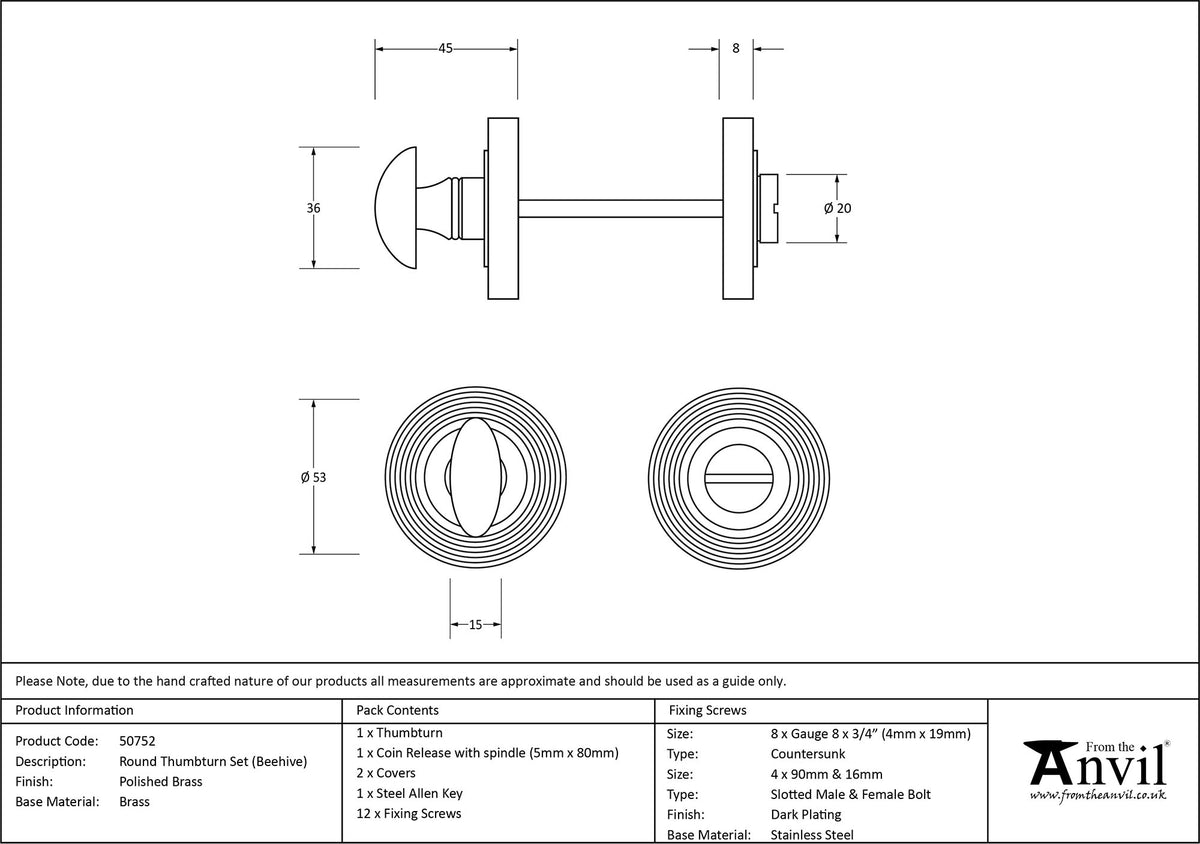 THUMBTURN SET ROUND CNC BEEHIVE 53x45 PBR - 50752 by MARCHES (ANVIL) ARCHITECTURAL HARDWARE