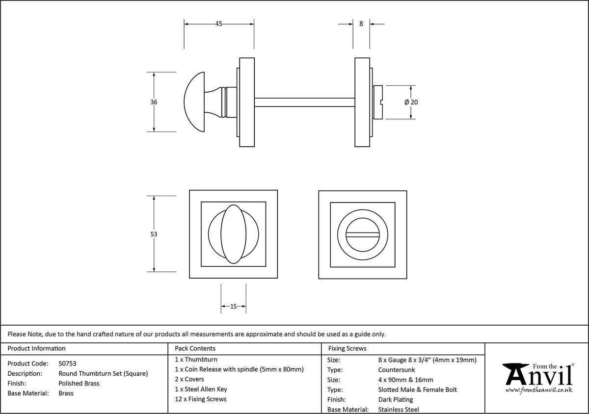 THUMBTURN SET ROUND CNC SQUARE 53x53x45 PBR - 50753 by MARCHES (ANVIL) ARCHITECTURAL HARDWARE