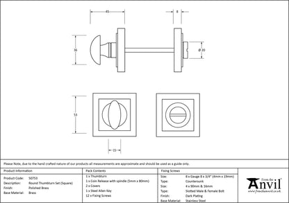 THUMBTURN SET ROUND CNC SQUARE 53x53x45 PBR - 50753 by MARCHES (ANVIL) ARCHITECTURAL HARDWARE
