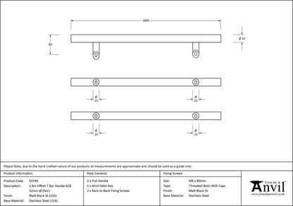 T-BAR HANDLE OFFSET B2B 1600HC 32x1800x80 MBK - 50799 by MARCHES (ANVIL) ARCHITECTURAL HARDWARE