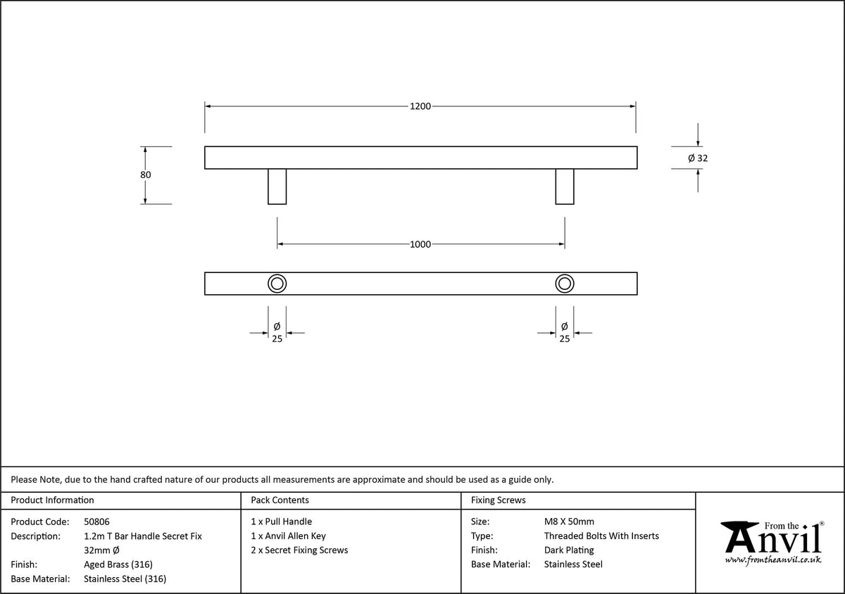 T-BAR HANDLE SECRET FIX 1000HC 32x1200x80 AGBR - 50806 by MARCHES (ANVIL) ARCHITECTURAL HARDWARE