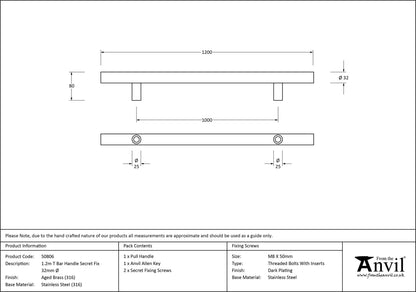 T-BAR HANDLE SECRET FIX 1000HC 32x1200x80 AGBR - 50806 by MARCHES (ANVIL) ARCHITECTURAL HARDWARE