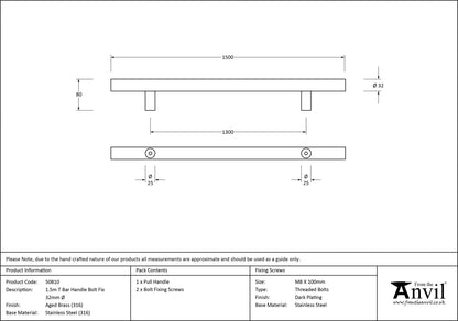 T-BAR HANDLE BOLT FIX 1300HC 32x1500x80 AGBR - 50810 by MARCHES (ANVIL) ARCHITECTURAL HARDWARE