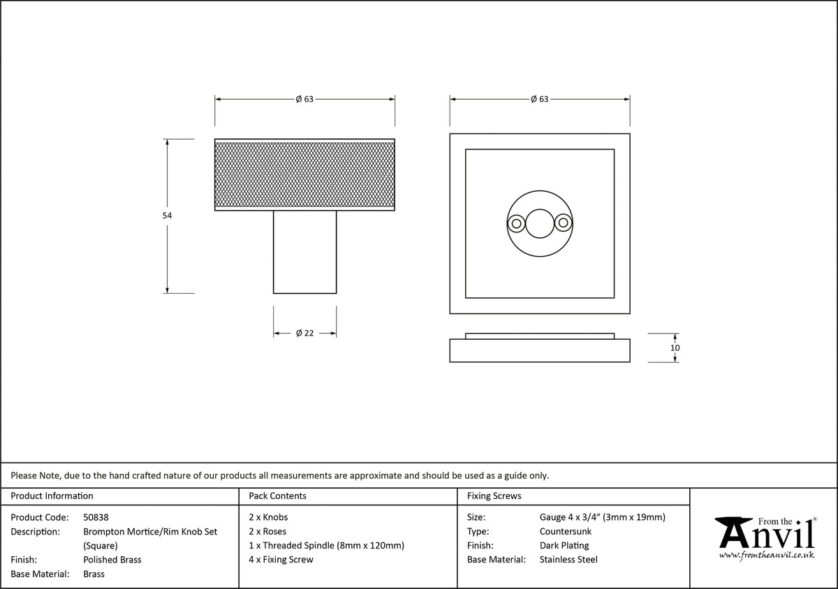 BROMPTON MORTICE/RIM KNOB SQUARE 63x54x22 PBR - 50838 by MARCHES (ANVIL) ARCHITECTURAL HARDWARE