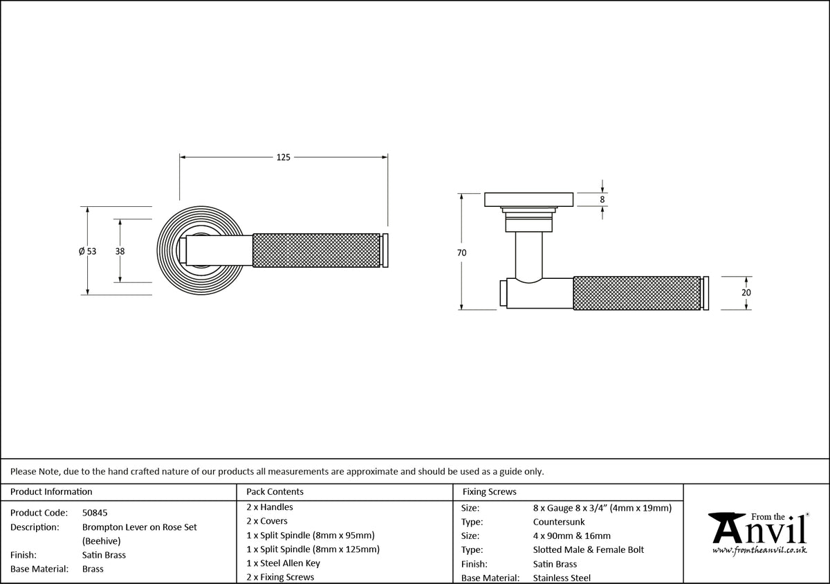 BROMPTON LEVER HANDLE+ROSE SPRUNG BEEHIVE 53x125x70 SBR - 50845 by MARCHES (ANVIL) ARCHITECTURAL HARDWARE