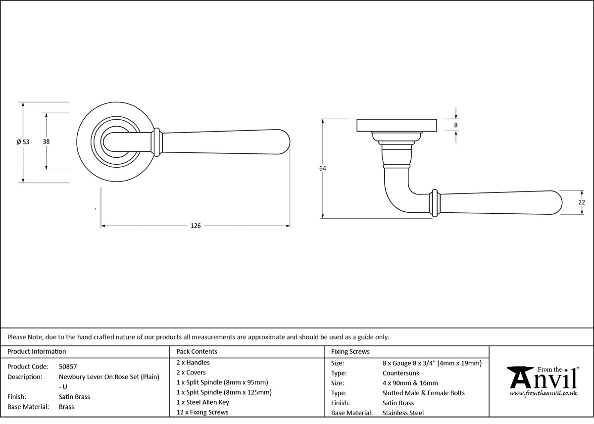 NEWBURY LEVER HANDLE+ROSE UNSPRUNG PLAIN 126x53x64 SBR - 50857 by MARCHES (ANVIL) ARCHITECTURAL HARDWARE