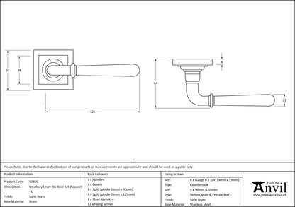 NEWBURY LEVER HANDLE+ROSE UNSPRUNG SQUARE 126x53x64 SBR - 50860 by MARCHES (ANVIL) ARCHITECTURAL HARDWARE