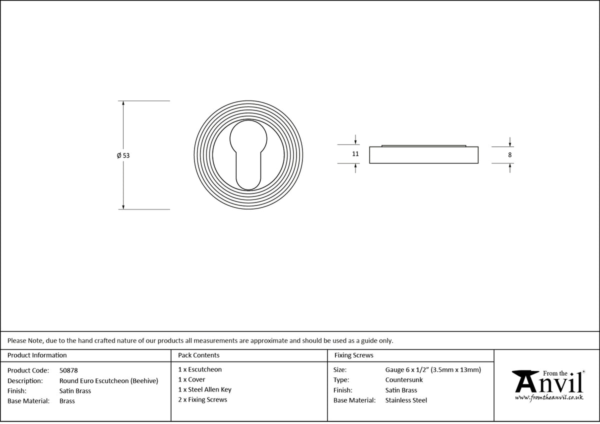 ESCUTCHEON ROUND EURO CNC BEEHIVE 53x8 SBR - 50878 by MARCHES (ANVIL) ARCHITECTURAL HARDWARE