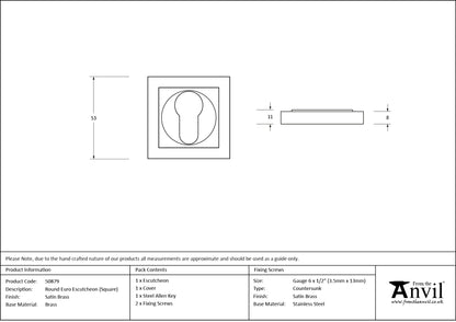 ESCUTCHEON ROUND EURO CNC SQUARE 53x53x8 SBR - 50879 by MARCHES (ANVIL) ARCHITECTURAL HARDWARE