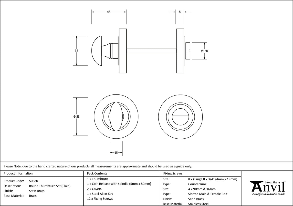 THUMBTURN SET ROUND CNC PLAIN 53x45 SBR - 50880 by MARCHES (ANVIL) ARCHITECTURAL HARDWARE