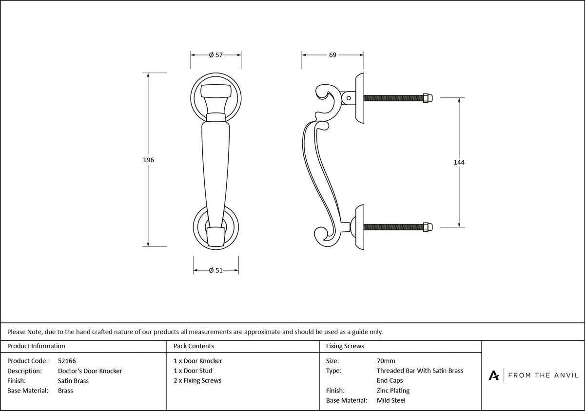 DOCTOR'S DOOR KNOCKER 57x196x69 SBR - 50884 by MARCHES (ANVIL) ARCHITECTURAL HARDWARE