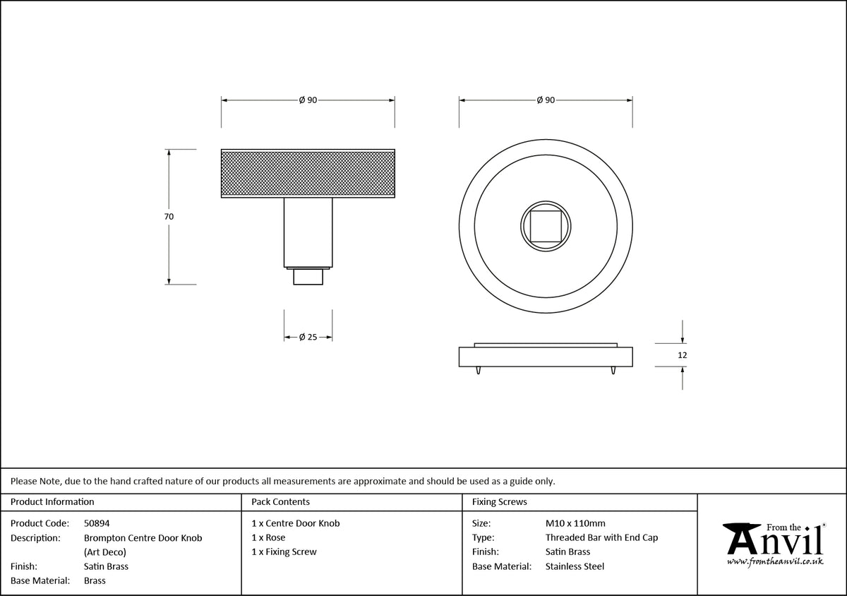 BROMPTON CENTRE DOOR KNOB ART DECO 90x70 SBR - 50894 by MARCHES (ANVIL) ARCHITECTURAL HARDWARE