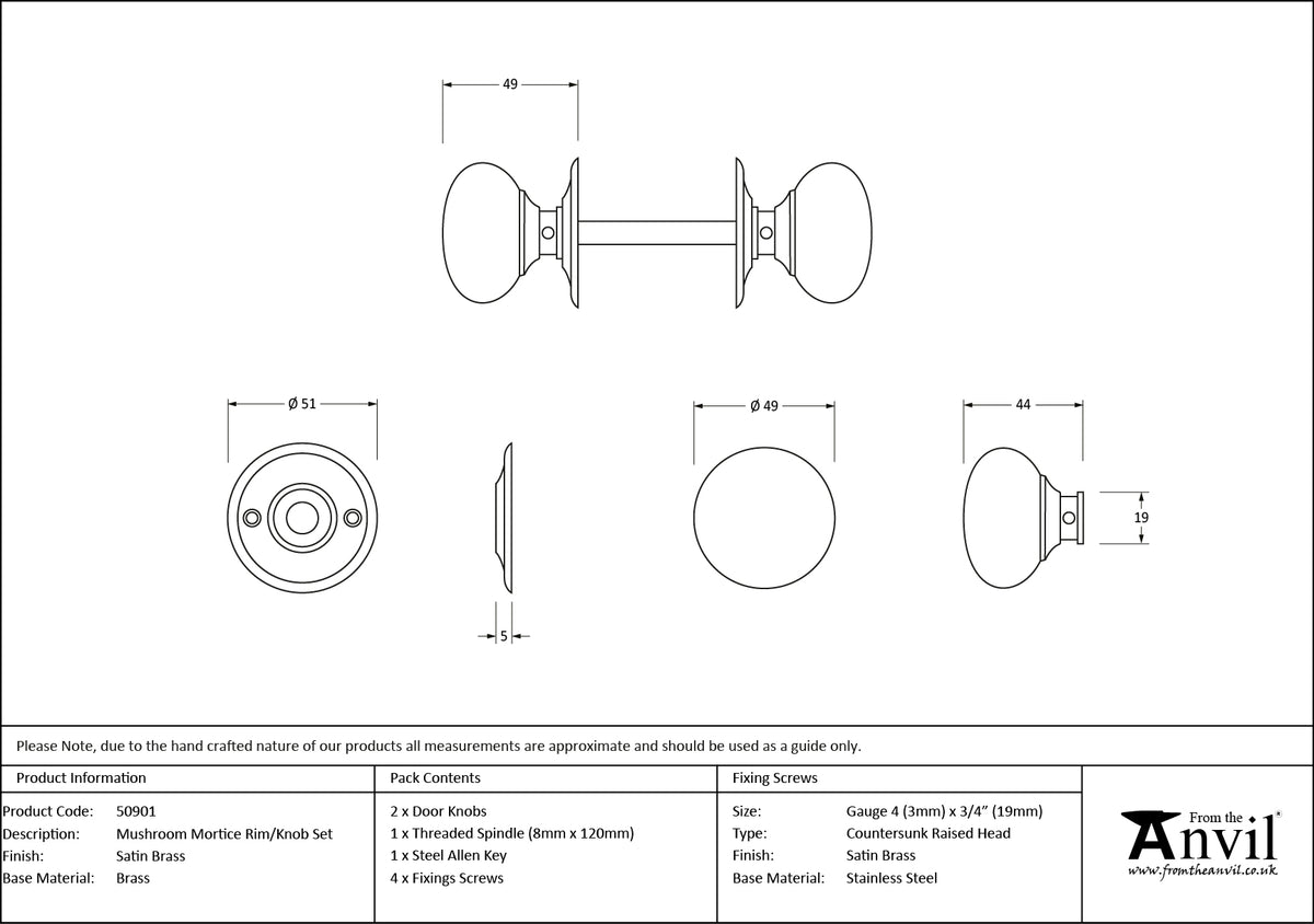 Satin Brass Mushroom Mortice/Rim Kn - 50901 by MARCHES (ANVIL) ARCHITECTURAL HARDWARE