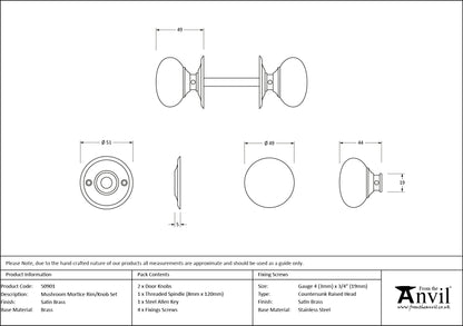 Satin Brass Mushroom Mortice/Rim Kn - 50901 by MARCHES (ANVIL) ARCHITECTURAL HARDWARE