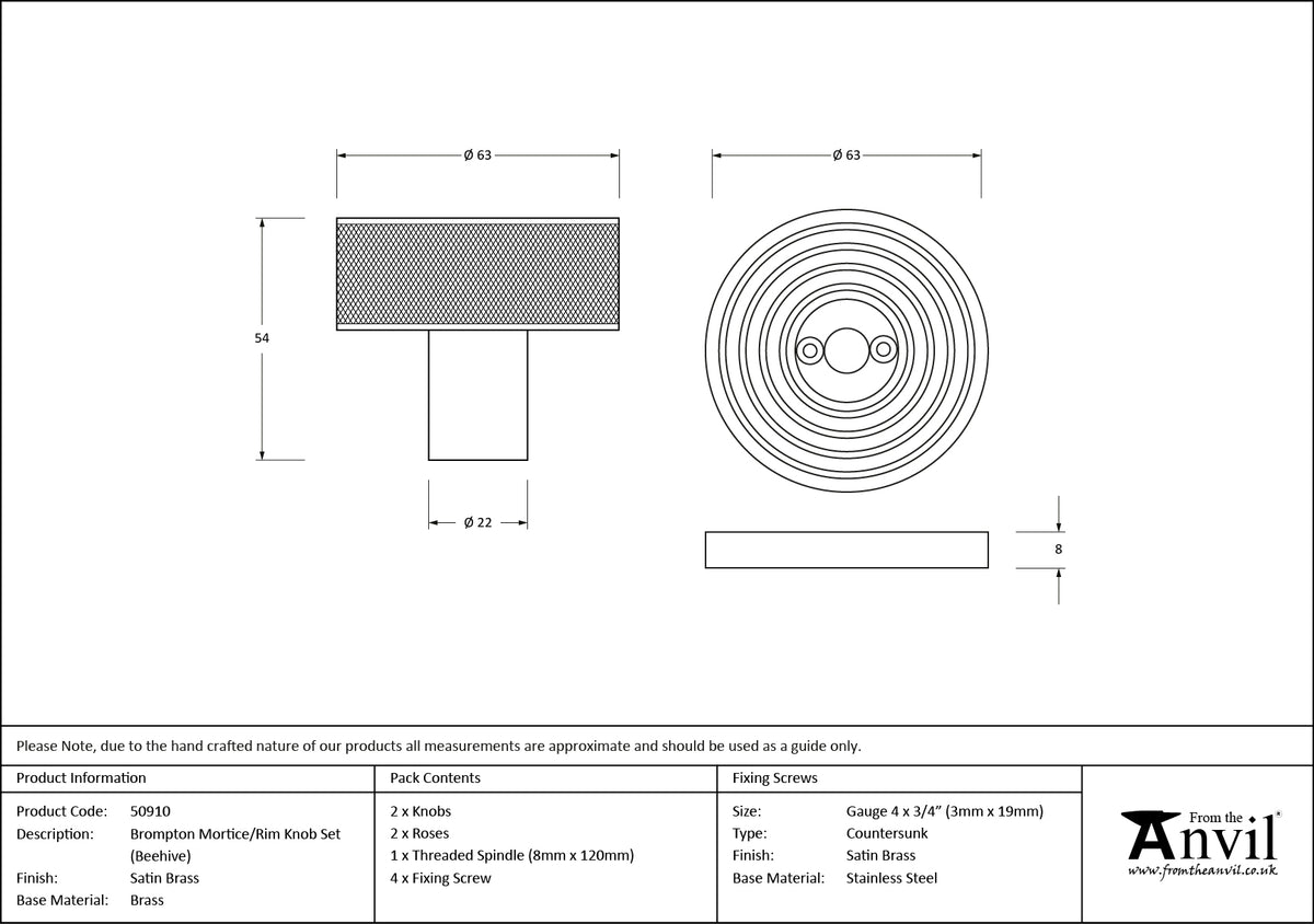 BROMPTON MORTICE/RIM KNOB BEEHIVE 63x54x22 SBR - 50910 by MARCHES (ANVIL) ARCHITECTURAL HARDWARE