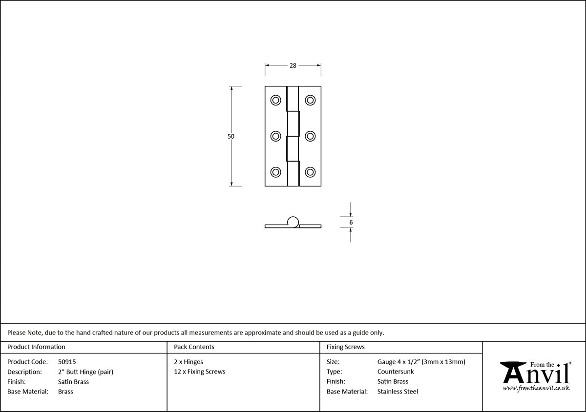 BUTT HINGE 50x28x6 SBR - 50915 by MARCHES (ANVIL) ARCHITECTURAL HARDWARE