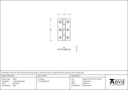 BUTT HINGE 50x28x6 SBR - 50915 by MARCHES (ANVIL) ARCHITECTURAL HARDWARE
