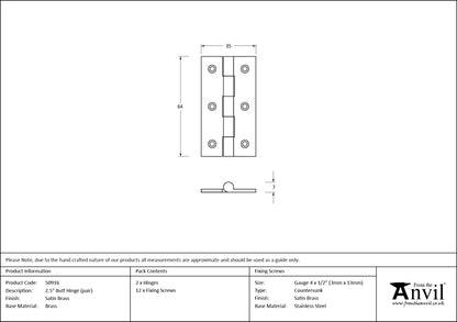 BUTT HINGE 64x35x7 SBR - 50916 by MARCHES (ANVIL) ARCHITECTURAL HARDWARE