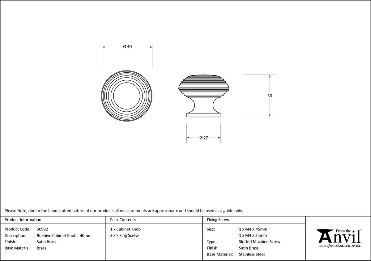 BEEHIVE CABINET KNOB 40x33 SBR - 50932 by MARCHES (ANVIL) ARCHITECTURAL HARDWARE