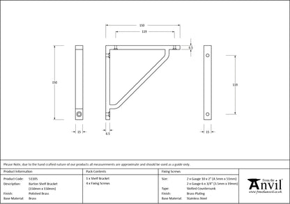 BARTON SHELF BKT 150x15x150 PBR - 51105 by MARCHES (ANVIL) ARCHITECTURAL HARDWARE