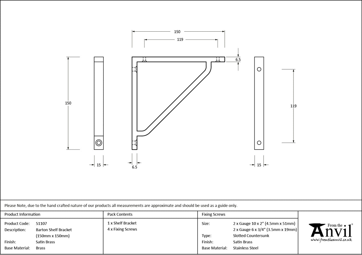 BARTON SHELF BKT 150x15x150 SBR - 51107 by MARCHES (ANVIL) ARCHITECTURAL HARDWARE