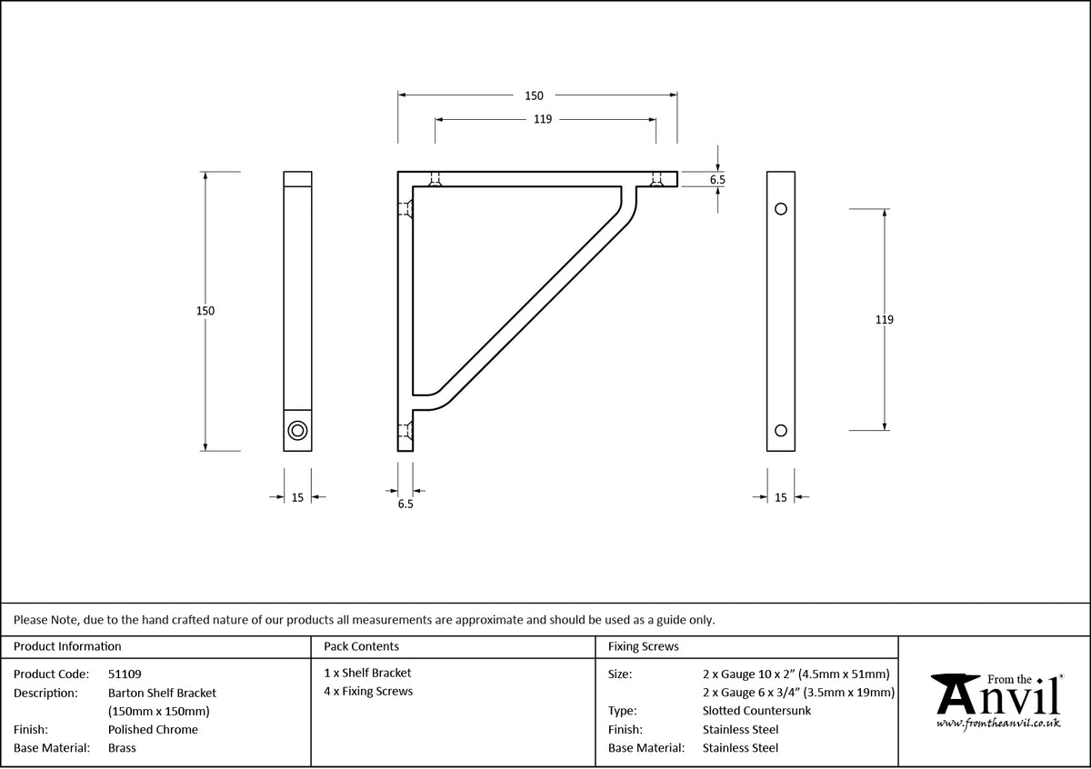 BARTON SHELF BKT 150x15x150 PCP - 51109 by MARCHES (ANVIL) ARCHITECTURAL HARDWARE