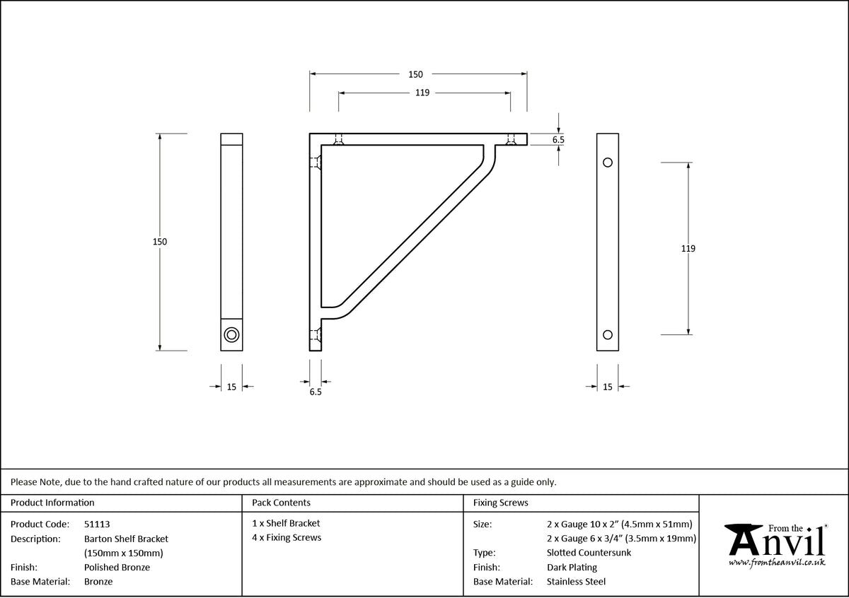 BARTON SHELF BKT 150x15x150 PBZ - 51113 by MARCHES (ANVIL) ARCHITECTURAL HARDWARE