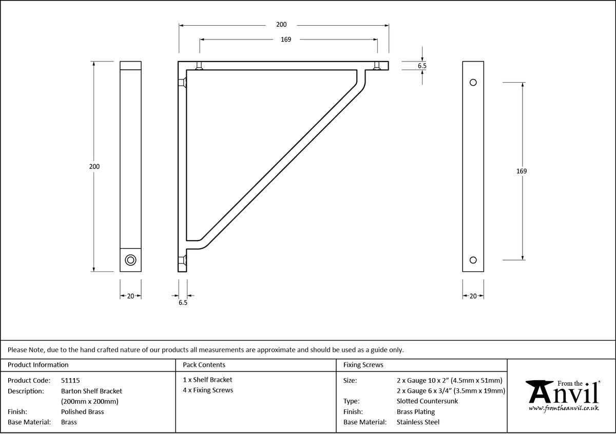 BARTON SHELF BKT 200x20x200 PBR - 51115 by MARCHES (ANVIL) ARCHITECTURAL HARDWARE