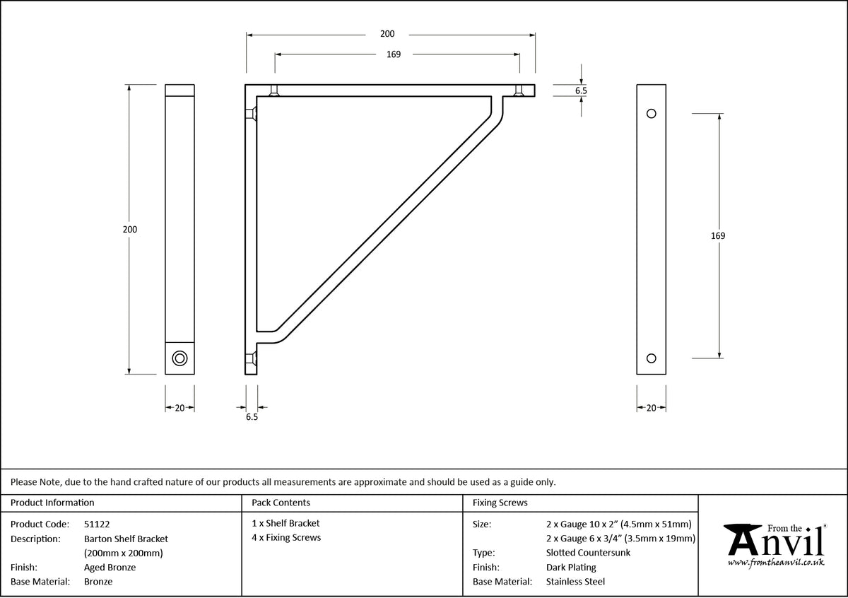 BARTON SHELF BKT 200x20x200 AGBZ - 51122 by MARCHES (ANVIL) ARCHITECTURAL HARDWARE