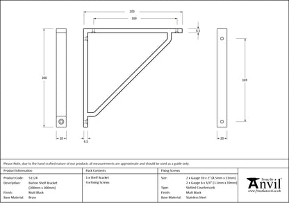 BARTON SHELF BKT 200x20x200 MBK - 51124 by MARCHES (ANVIL) ARCHITECTURAL HARDWARE