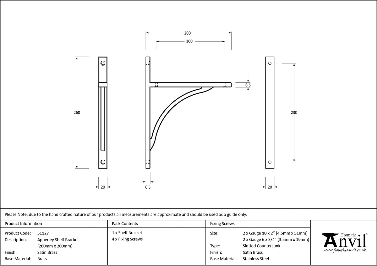 APPERLEY SHELF BKT 260x20x200 SBR - 51127 by MARCHES (ANVIL) ARCHITECTURAL HARDWARE