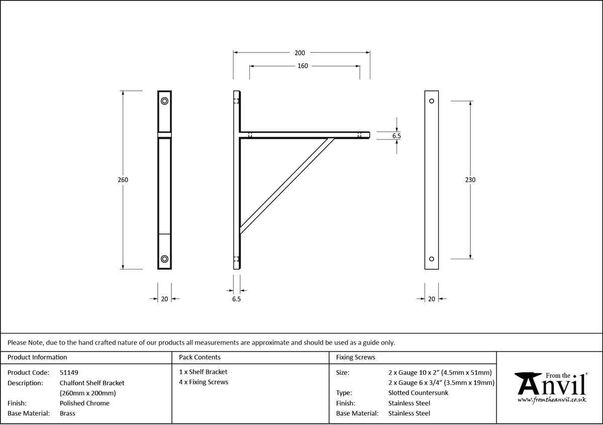 CHALFONT SHELF BKT 260x20x200 PCP - 51149 by MARCHES (ANVIL) ARCHITECTURAL HARDWARE