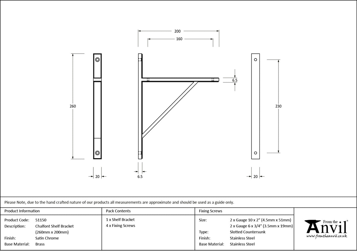 CHALFONT SHELF BKT 260x20x200 SCP - 51150 by MARCHES (ANVIL) ARCHITECTURAL HARDWARE