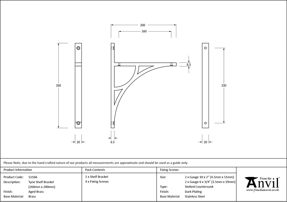 TYNE SHELF BKT 260x20x200 AGBR - 51166 by MARCHES (ANVIL) ARCHITECTURAL HARDWARE