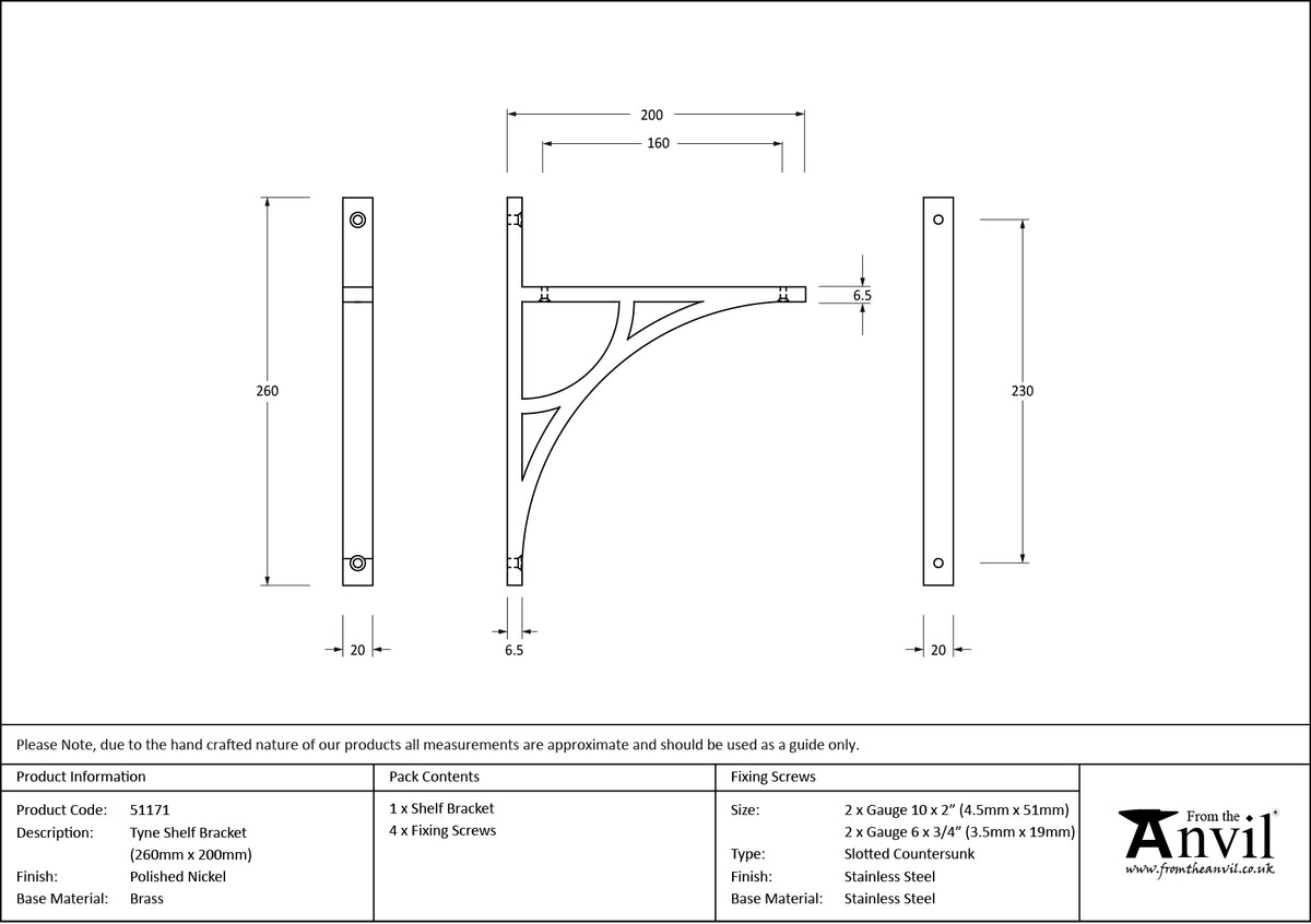 TYNE SHELF BKT 260x20x200 PNP - 51171 by MARCHES (ANVIL) ARCHITECTURAL HARDWARE